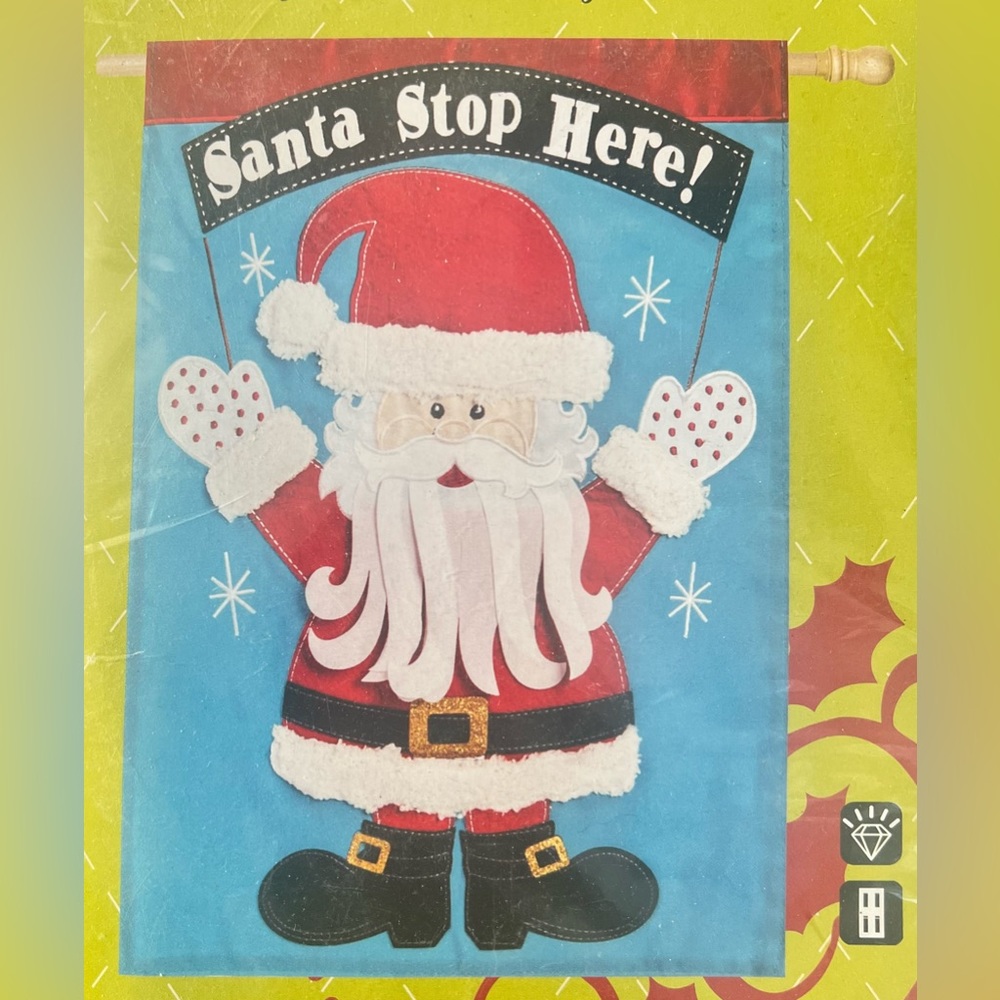 Evergreen Christmas Santa stop here outdoor decorative appliqué flag NEW